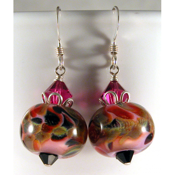 Handmade pink, olive, black, fuchsia earrings, lampwork, crystals and sterling