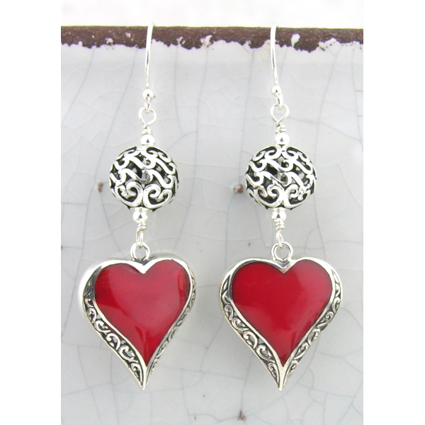 Scrolly Hearts Earrings - carnelian hearts set in sterling silver with sterling