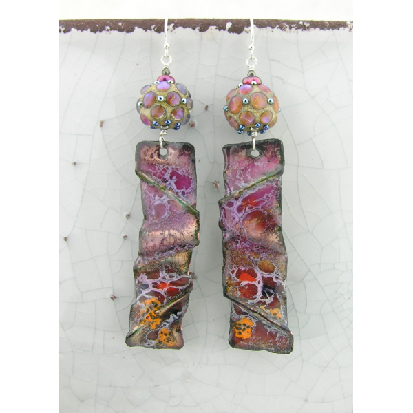 Artisan made rose orange red enamel on copper earrings sterling silver lampwork