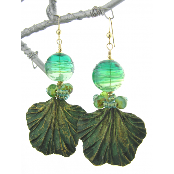 Artisan teal green gold leaf earrings w/artisan polymer, hollow glass, gold fill