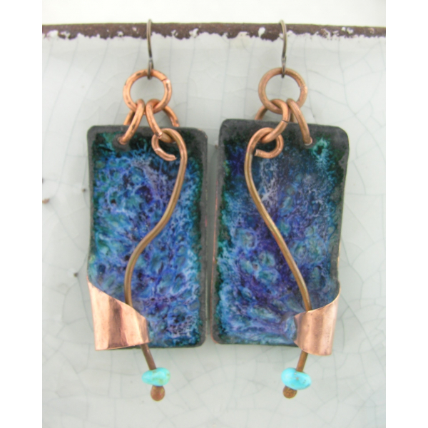 Artisan made blue purple enamel copper and turquoise earrings