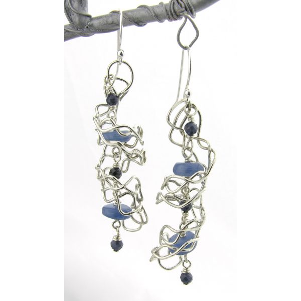 Artisan made argentium sterling mesh spiral earrings with kyanite blue sapphires