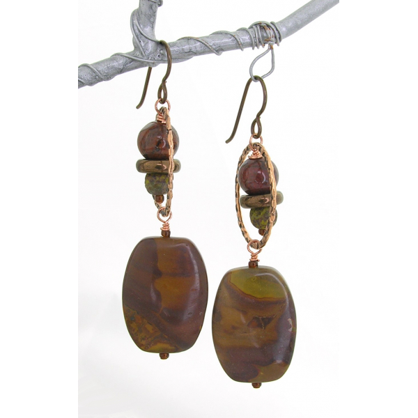 Artisan made gemstone earrings with jasper pietersite Czech glass copper niobium