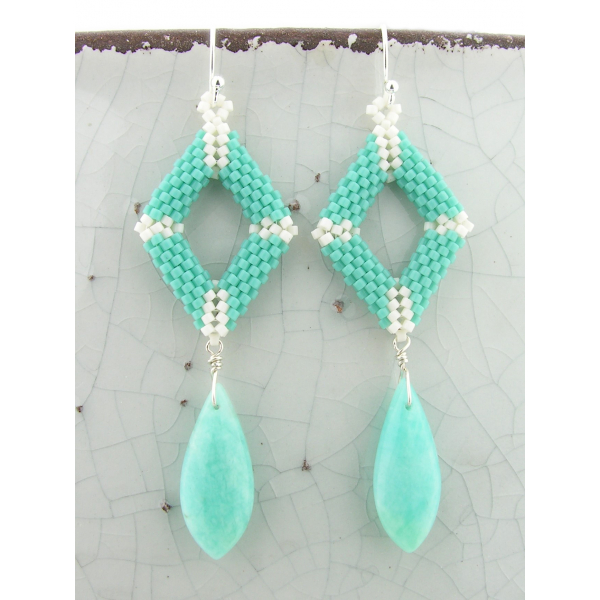 Turquoise Diamonds Earrings - turquoise offwhite seed bead weave artisan srajd