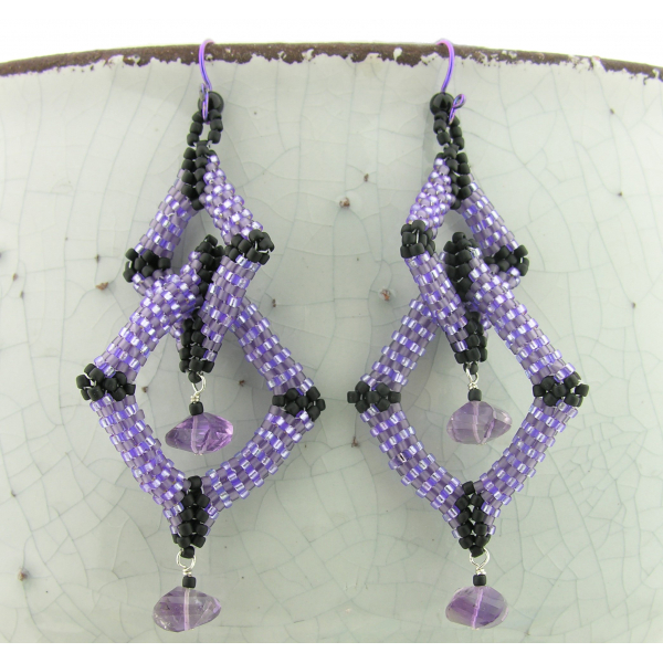 Purple and Black Diamonds Earrings - seed bead weave amethyst sterling silver