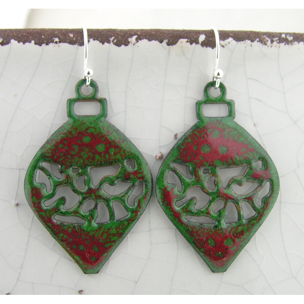 Artisan made red and green enamel on copper filigree ornament earrings