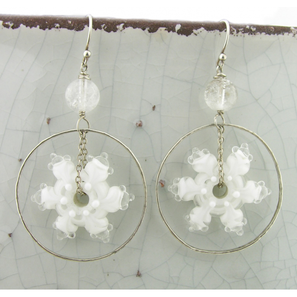 Artisan made white glass snowflake earrings in sterling Christmas