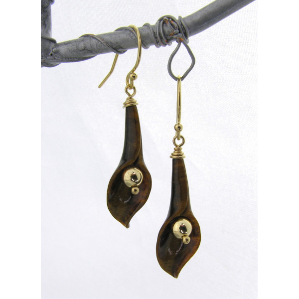 Handmade brown earrings with tiger eye carved lily, gold fill