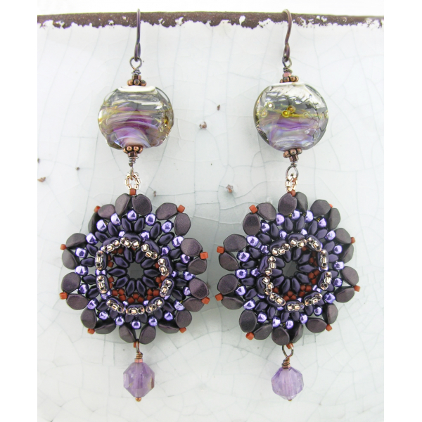 Dark Velvet Flowers Earrings - purple and copper bead weave flower super 7 gemstone artisan lampwork Dark Velvet Flowers Earrings - purple copper bead weave flower super 7