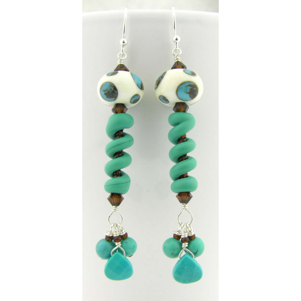 Handmade ivory turquoise brown earrings spiral dots lampwork turquoise sterling