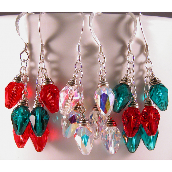 Crystal Holiday Lights Earrings - clear AB red green sparkle drop sterling