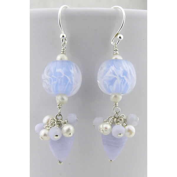 Handmade blue earrings with light blue lace agate lampwork, pearls, sterling