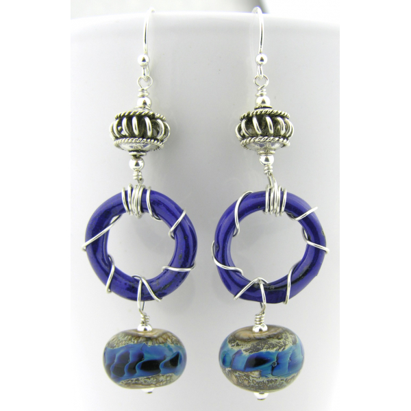 Handmade blue enamel ring earrings with blue silver lampwork glass, sterling