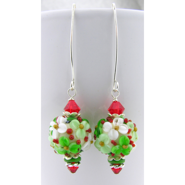 Handmade red green Christmas floral earrings with lampwork, crystals, sterling