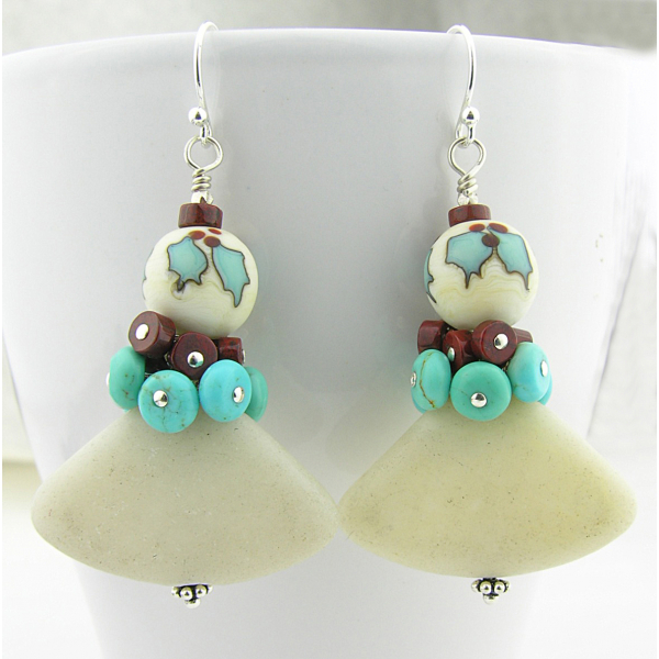 Handmade holly earrings with turquoise, red jasper, marble, lampwork, sterling