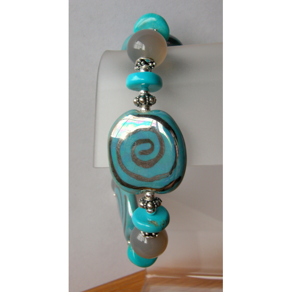 Handmade bracelet grey agate gemstone turquoise kazuri ceramic sterling silver