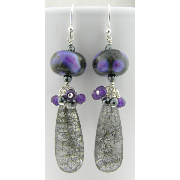 Handmade earrings purple black lampwork amethyst rutilated quartz sterling