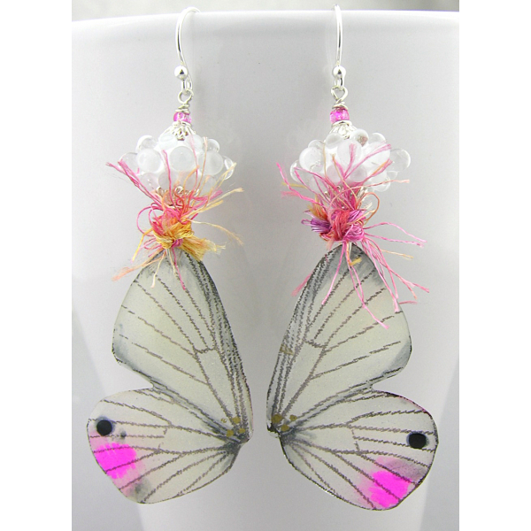 Handmade copper pink white butterfly wing earrings lampwork resin yarn sterling