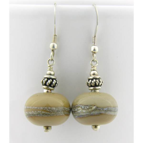 Artisan made taupe tan lampwork earrings in sterling silver