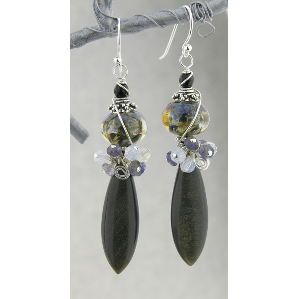 Handmade blue black gold earrings with golden obsidian lampwork iolite sterling