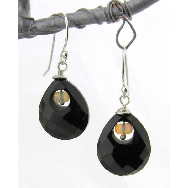 Artisan black onyx and Ethiopian opal earrings in sterling silver