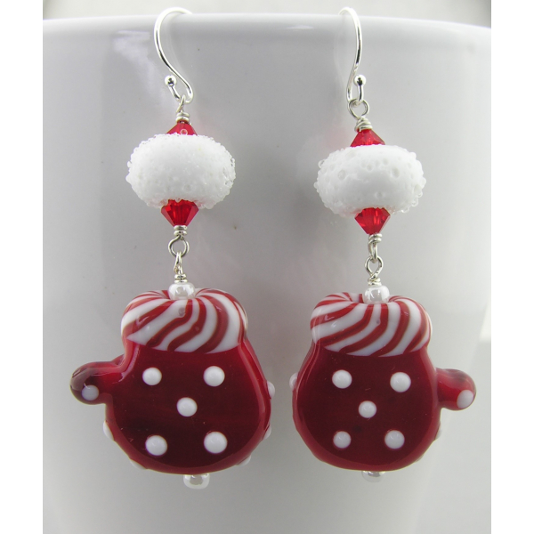 Artisan made red white sterling silver earrings with mitten snowball lampwork