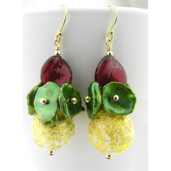 Artisan made red green gold earrings with Venetian beads keshi pearls