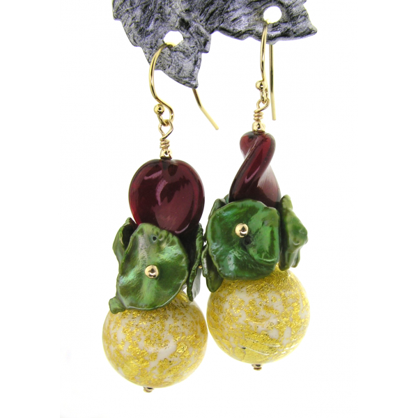Artisan made red green gold earrings with Venetian beads keshi pearls