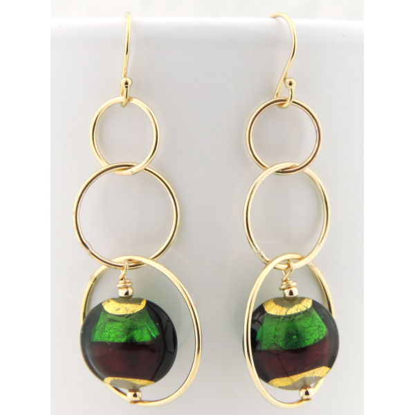 Artisan made red green gold earrings with Venetian beads and gold rings