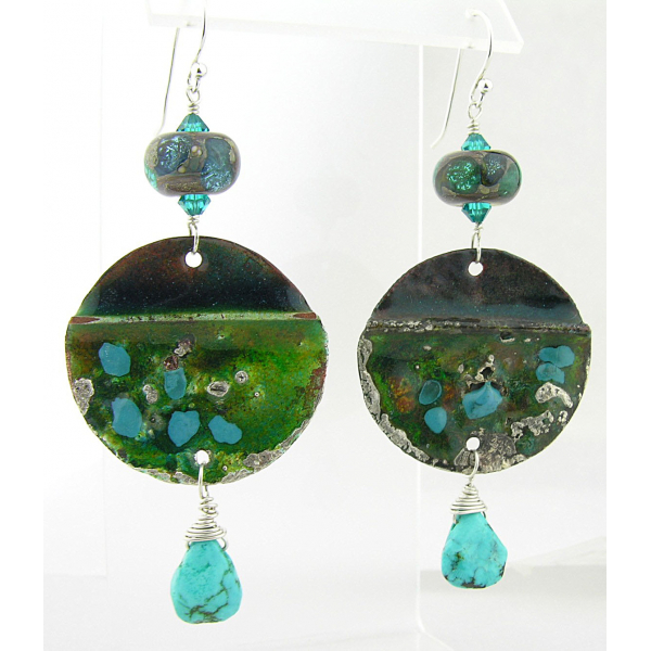 Handmade earrings teal green lampwork turquoise crystals sterling