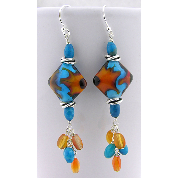 Handmade turquoise orange lampwork earrings carnelian turquoise sterling