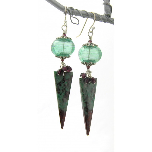 Handmade red, teal, black earrings with sonoran jasper spikes, garnet, lampwork