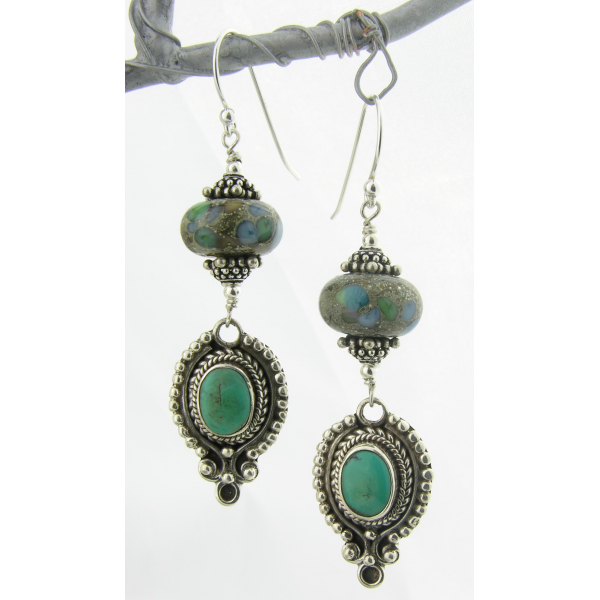Handmade turquoise green beige earrings dots lampwork beach sterling