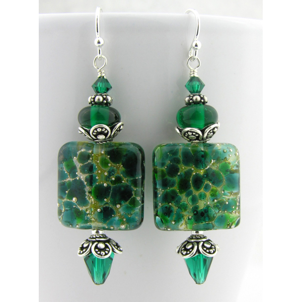Artisan dark green earrings with square lampwork glass, Swarovski, sterling