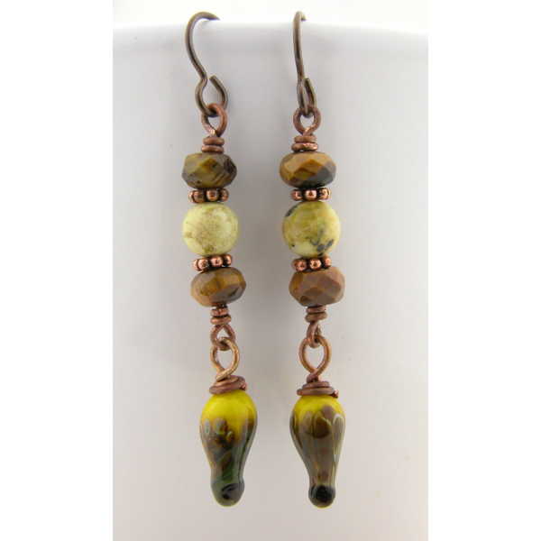 Handmade brown yellow earrings, lampwork tiger eye jasper copper