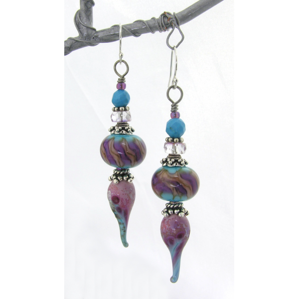 Artisan made rose pink turquoise sterling silver earrings drip lavendar purple