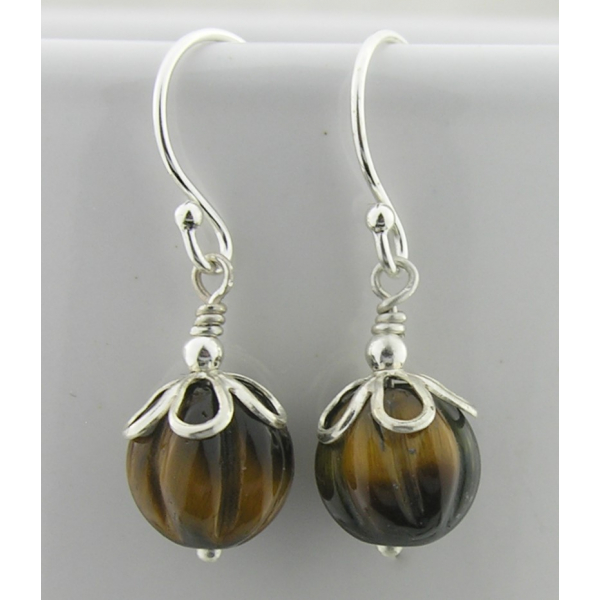 Artisan carved tiger eye earrings sterling brown melon petals