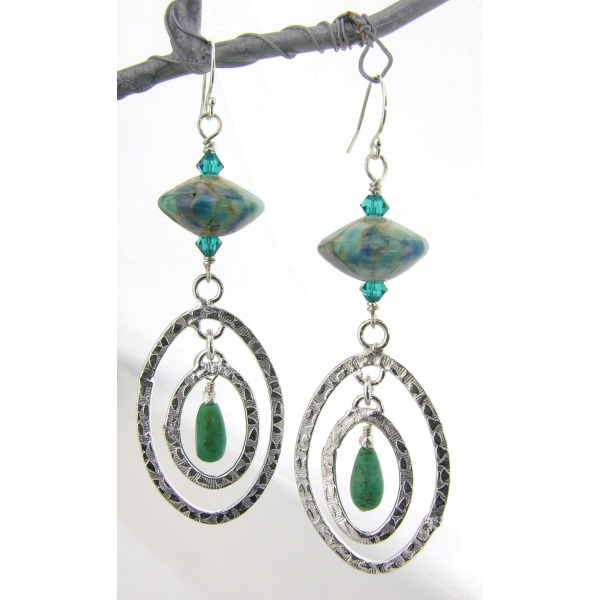 Handmade earrings with blue teal green lampwork glass, turquoise sterling