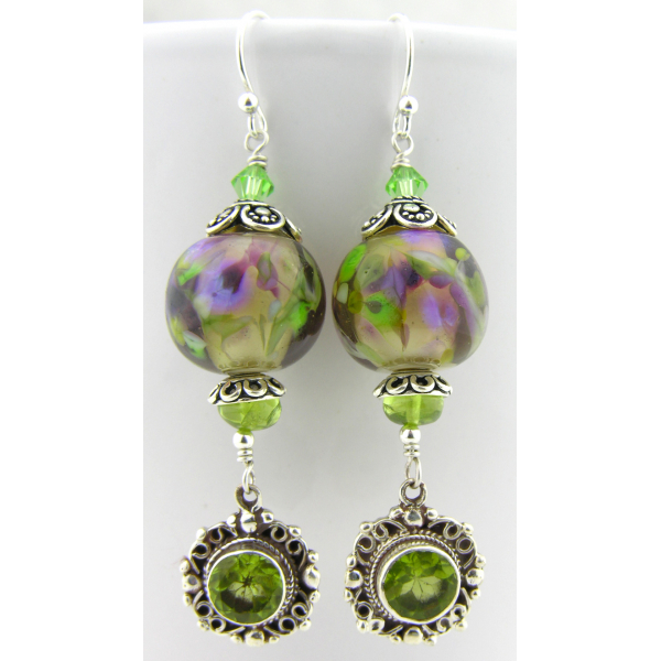 Artisan made purple green earrings with handmade lampwork glass peridot sterling