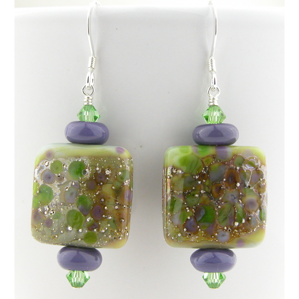 Artisan green purple earrings with square lampwork glass, Swarovski, sterling