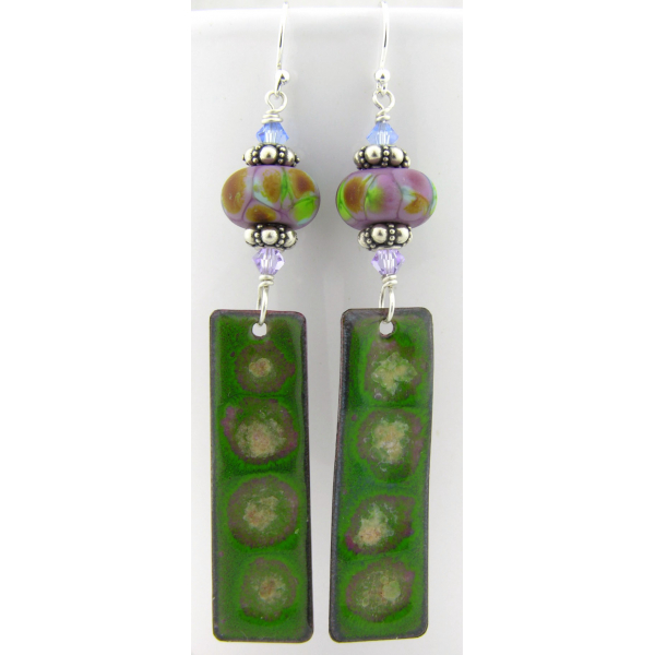 Artisan made green purple enamel on copper earrings lampwork sterling