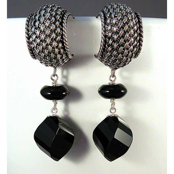Artisan made dangle earrings Bali basket weave cuff on posts black agate onyx