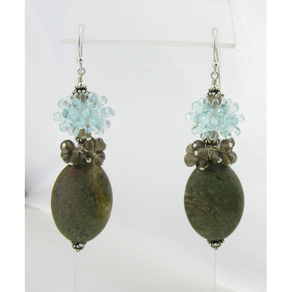 Handmade earrings with aqua spiky urchin lampwork glass, smoky quartz, sterling