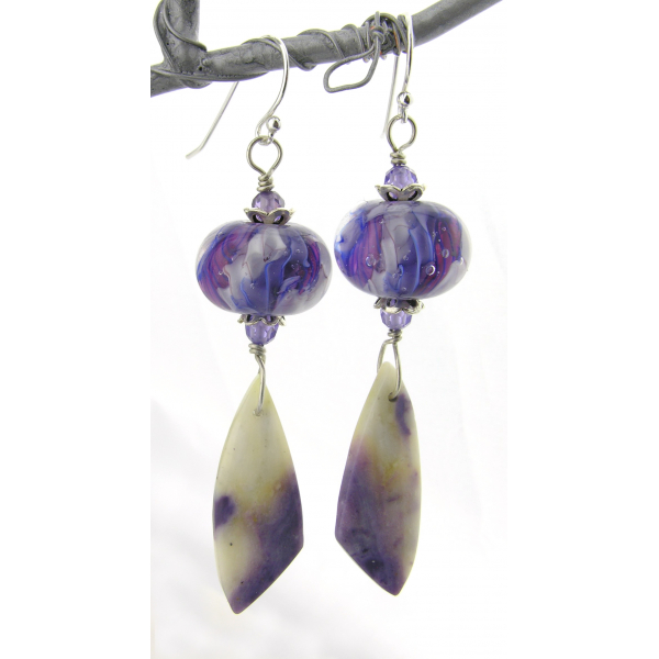 Handmade white lavendar earrings with mexican purple opal cubic zirconi lampwork