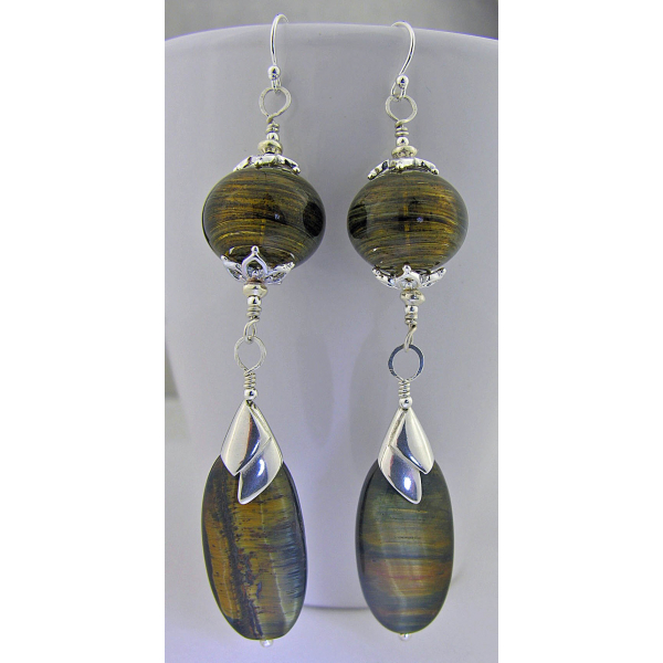 Artisan made brown hollow lampwork earrings golden tiger eye sterling