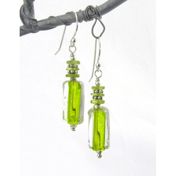 Artisan lime green short earrings with artisan furnace glass, peridot, sterling