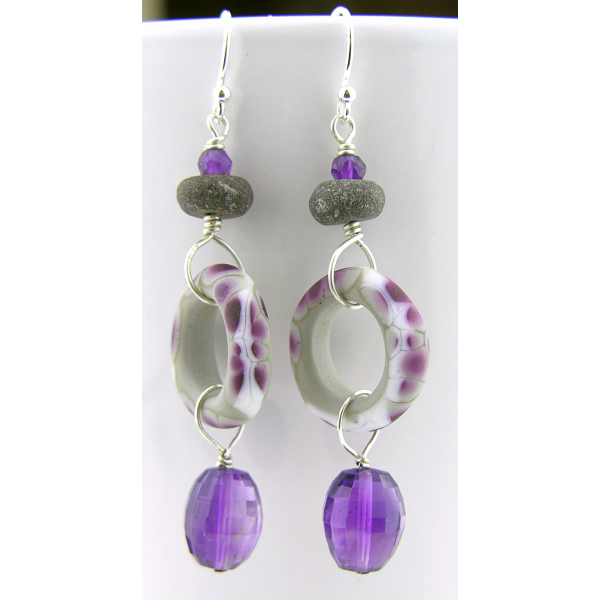 Handmade earrings purple white grey lampwork amethyst dinosaur bone sterling