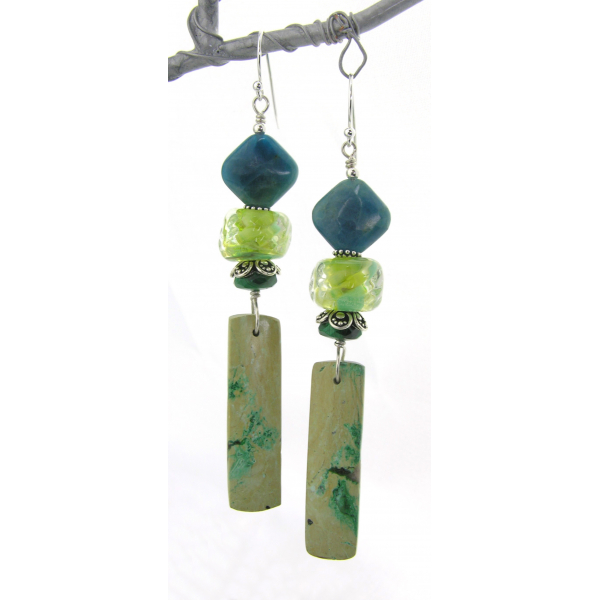 Handmade lime green teal earrings with chrysocolla, apatite, lampwork, sterling