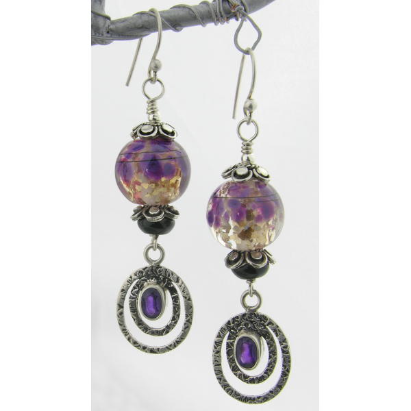 Handmade earrings purple black silver lampwork amethyst black onyx sterling