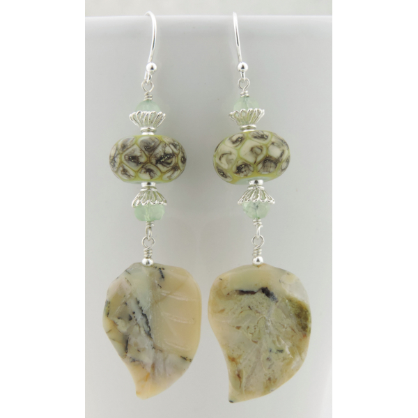 Handmade pale green organic earrings with prehnite, african opal leaf lampwork